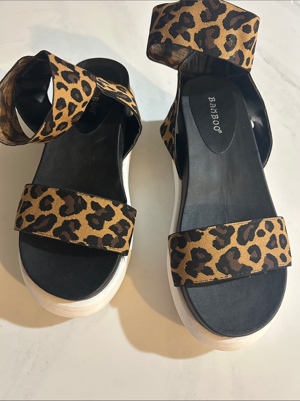 BAMBOO Leopard Print Platform Sandals - Black & Brown